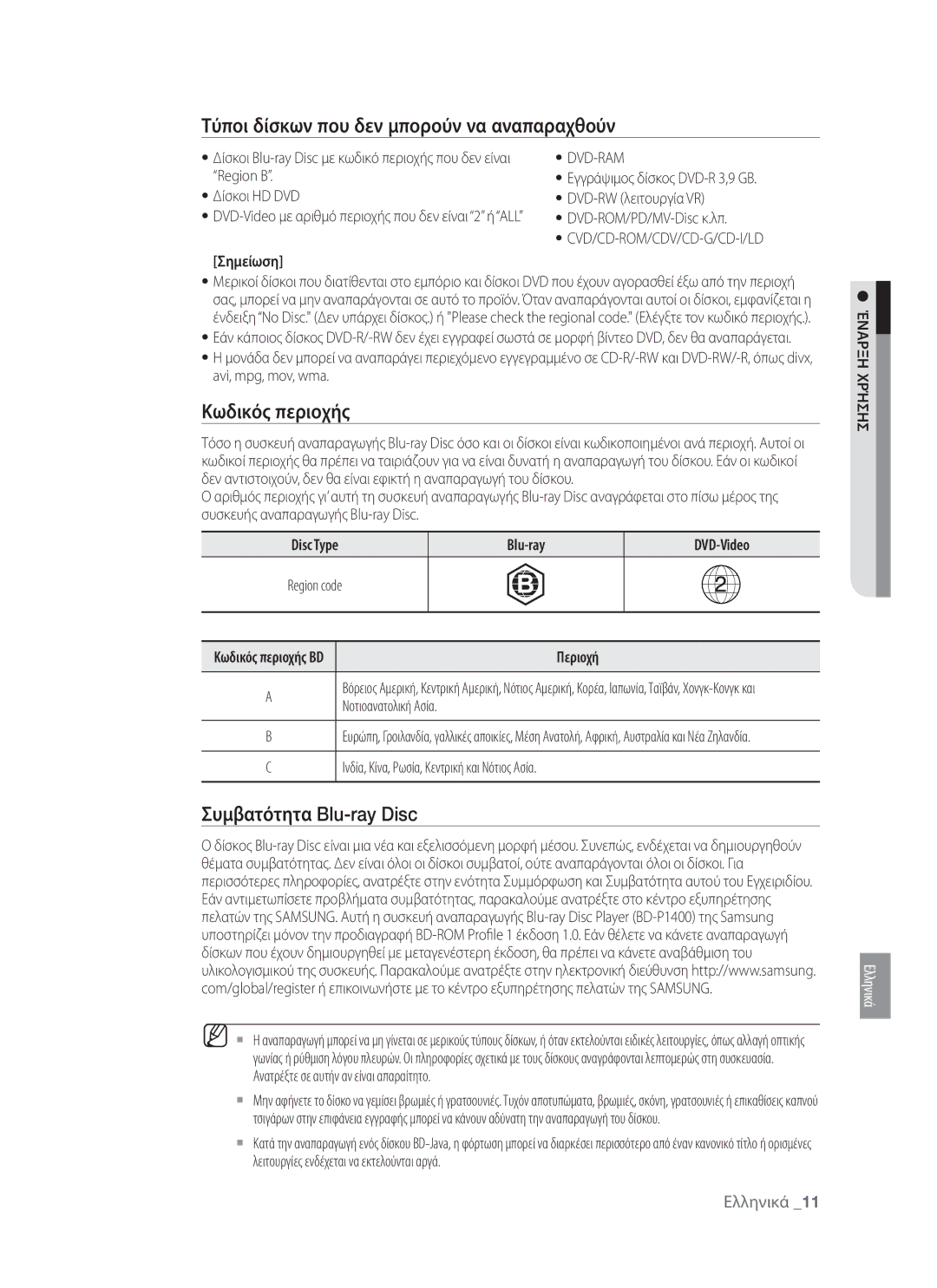 Samsung BD-P1400/EUR manual Τύποι δίσκων που δεν μπορούν να αναπαραχθούν, Κωδικός περιοχής, Συμβατότητα Blu-ray Disc 