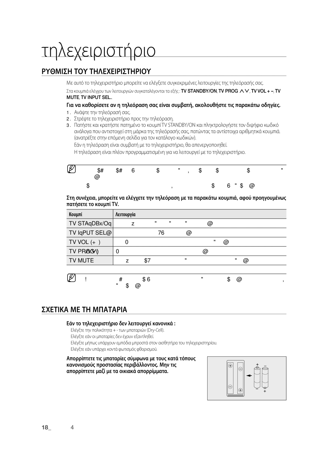 Samsung BD-P1400/EUR manual Τηλεχειριστήριο, Ρυθμιση ΤΟΥ Τηλεχειριστηριου, Σχετικα ΜΕ ΤΗ Μπαταρια, Κουμπί Λειτουργία 