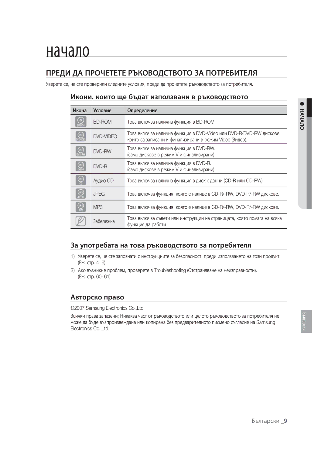 Samsung BD-P1400/EUR manual Начало, Преди ДА Прочетете Ръководството ЗА Потребителя, Авторско право 