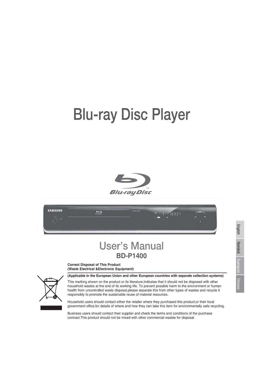 Samsung BD-P1400/EUR, BD-P1400/XEC manual Blu-ray Disc Player 