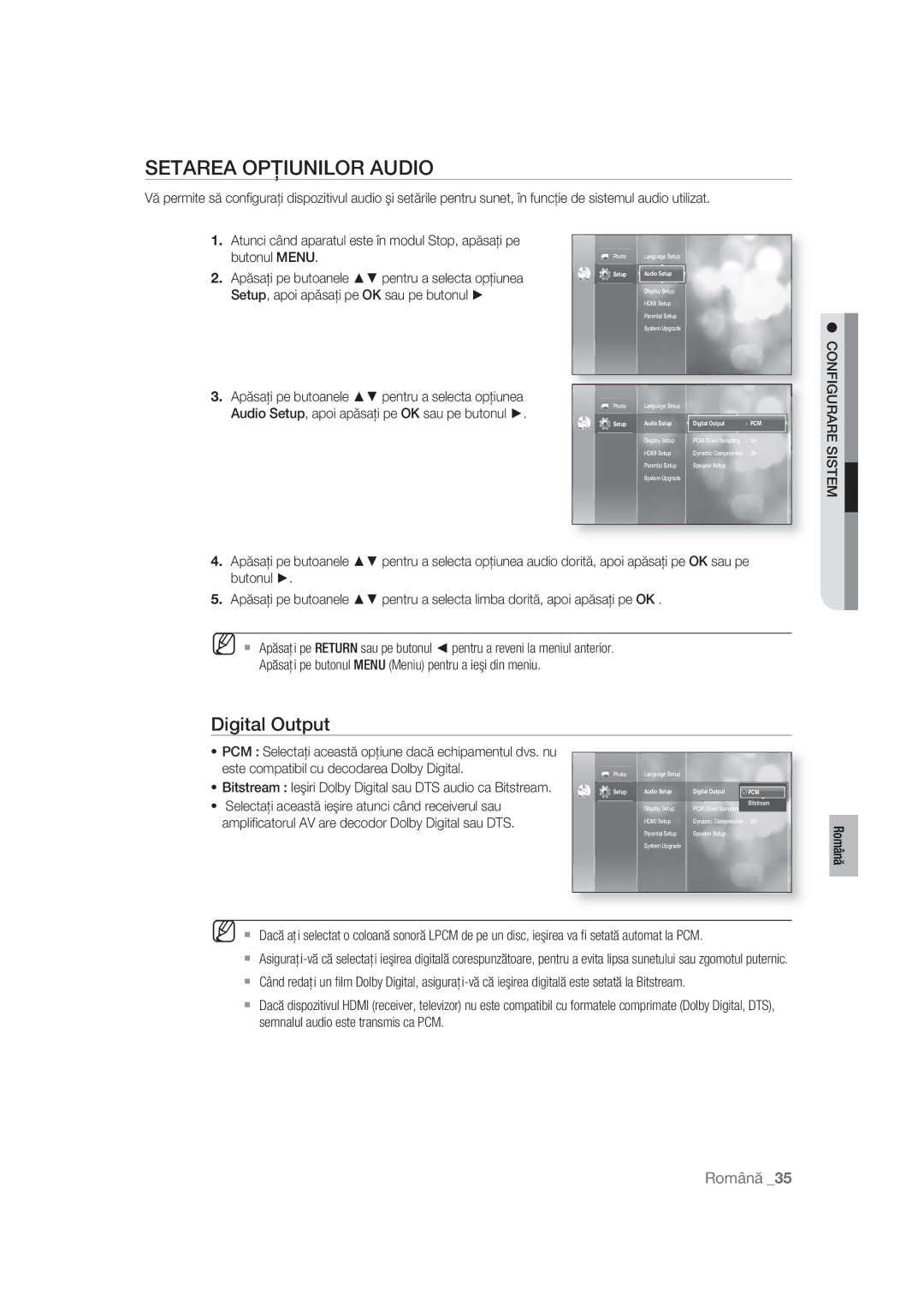 Samsung BD-P1400/XEC Setarea Opţiunilor Audio, Configurare Sistem, Selectaţi această ieşire atunci când receiverul sau 