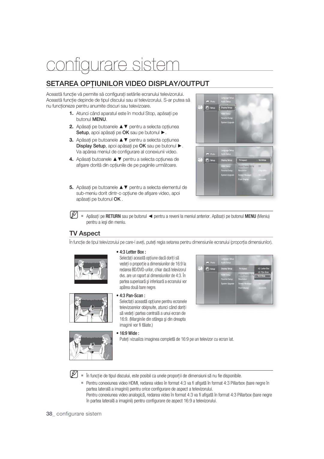 Samsung BD-P1400/EUR, BD-P1400/XEC manual Setarea Opţiunilor Video DISPLAY/OUTPUT, Apărea două bare negre 