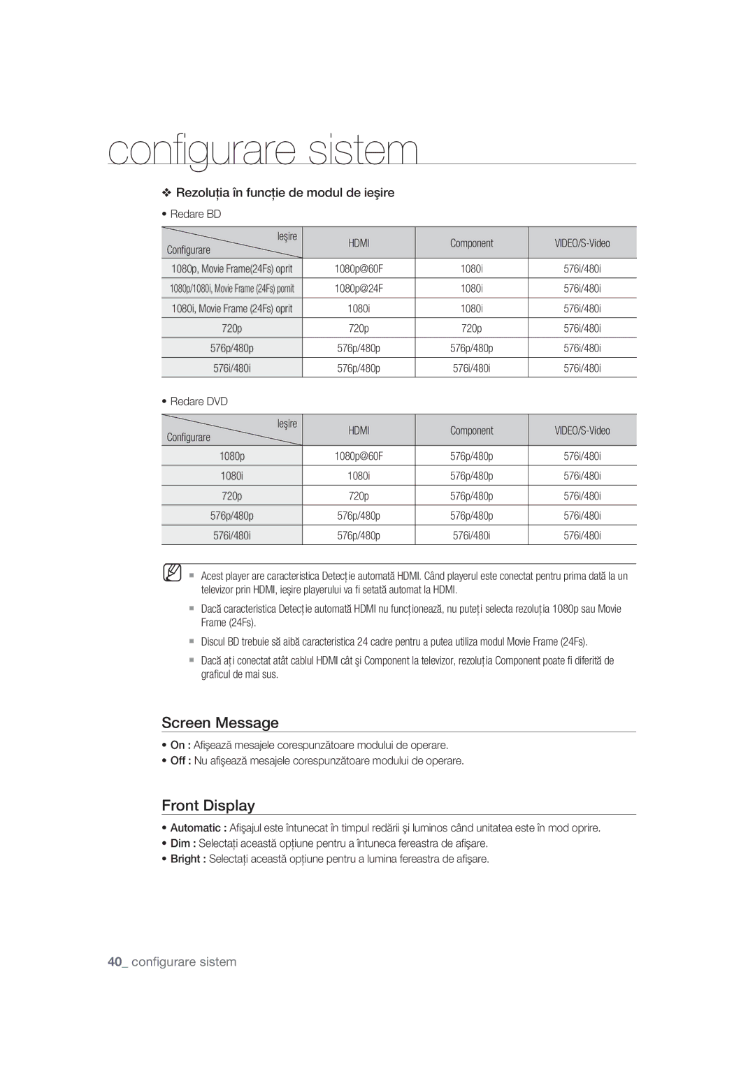 Samsung BD-P1400/EUR Rezoluţia în funcţie de modul de ieşire, Redare BD, Component VIDEO/S-Video Conﬁgurare, Redare DVD 