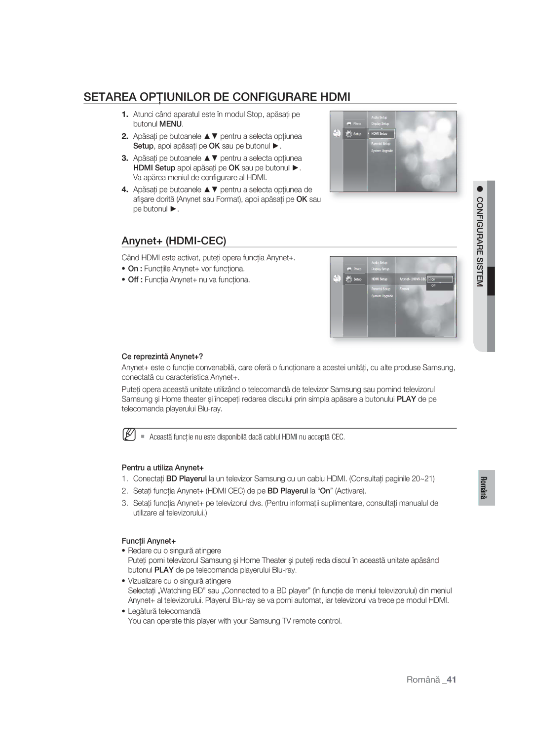 Samsung BD-P1400/XEC, BD-P1400/EUR manual Setarea Opţiunilor DE Configurare Hdmi, Off Funcţia Anynet+ nu va funcţiona 