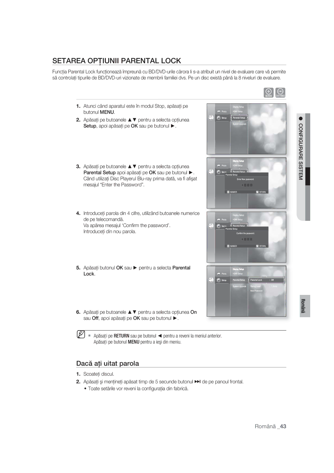 Samsung BD-P1400/XEC, BD-P1400/EUR manual Setarea Opţiunii Parental Lock, Dacă aţi uitat parola, Sistem 