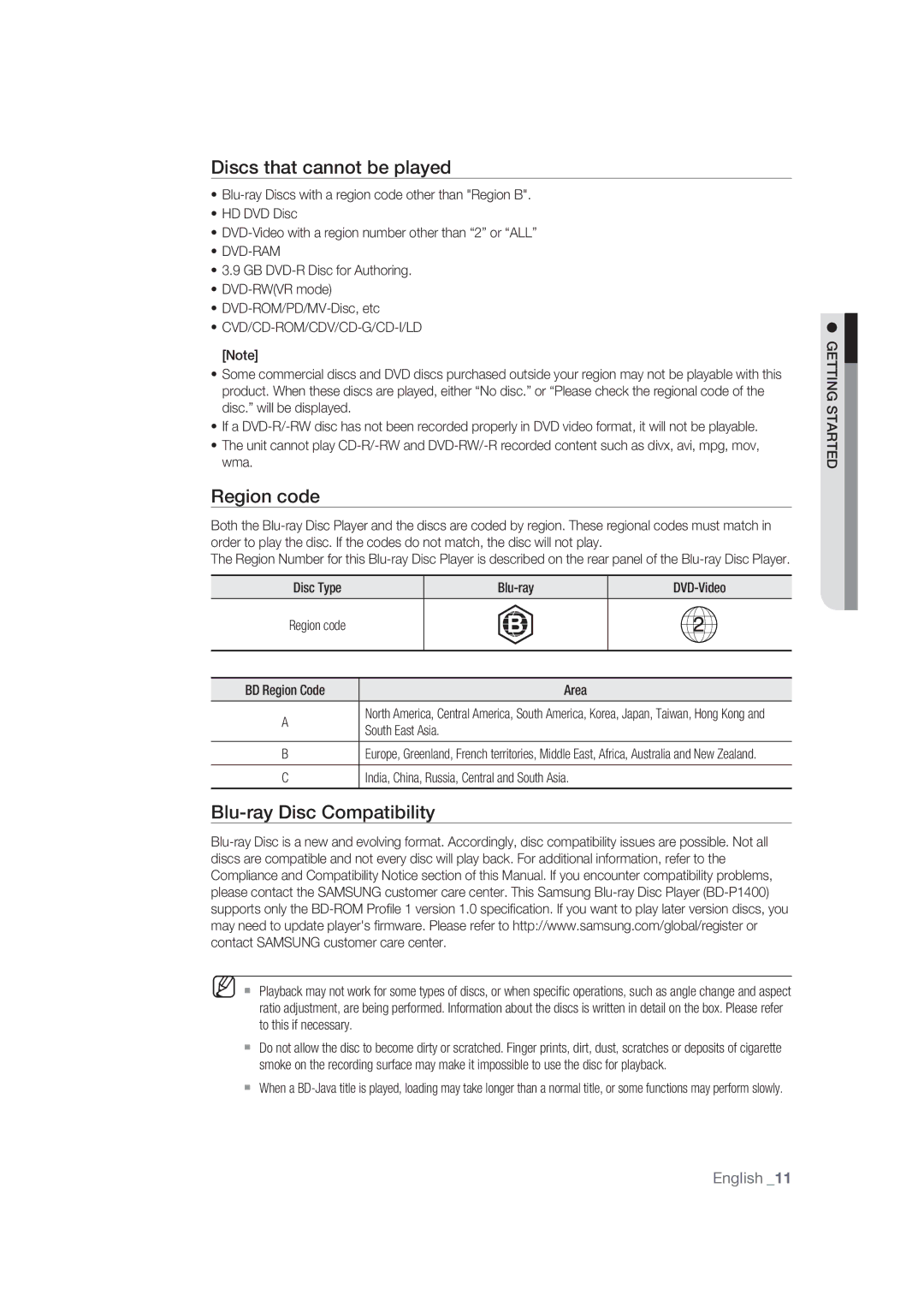 Samsung BD-P1400/EUR, BD-P1400/XEC manual Discs that cannot be played, Region code, Blu-ray Disc Compatibility, Dvd-Ram 