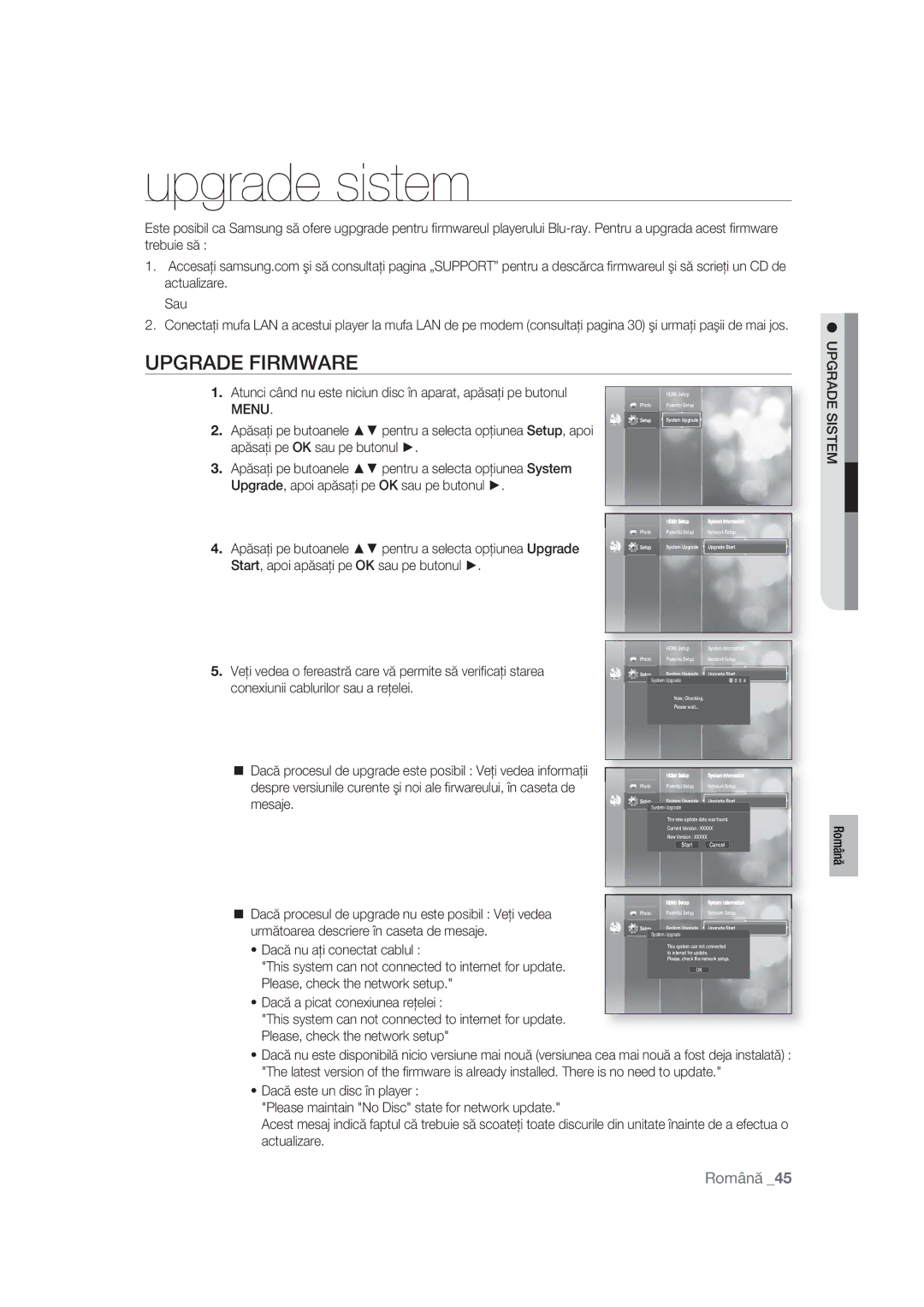 Samsung BD-P1400/XEC, BD-P1400/EUR manual Upgrade sistem, Upgrade Firmware 