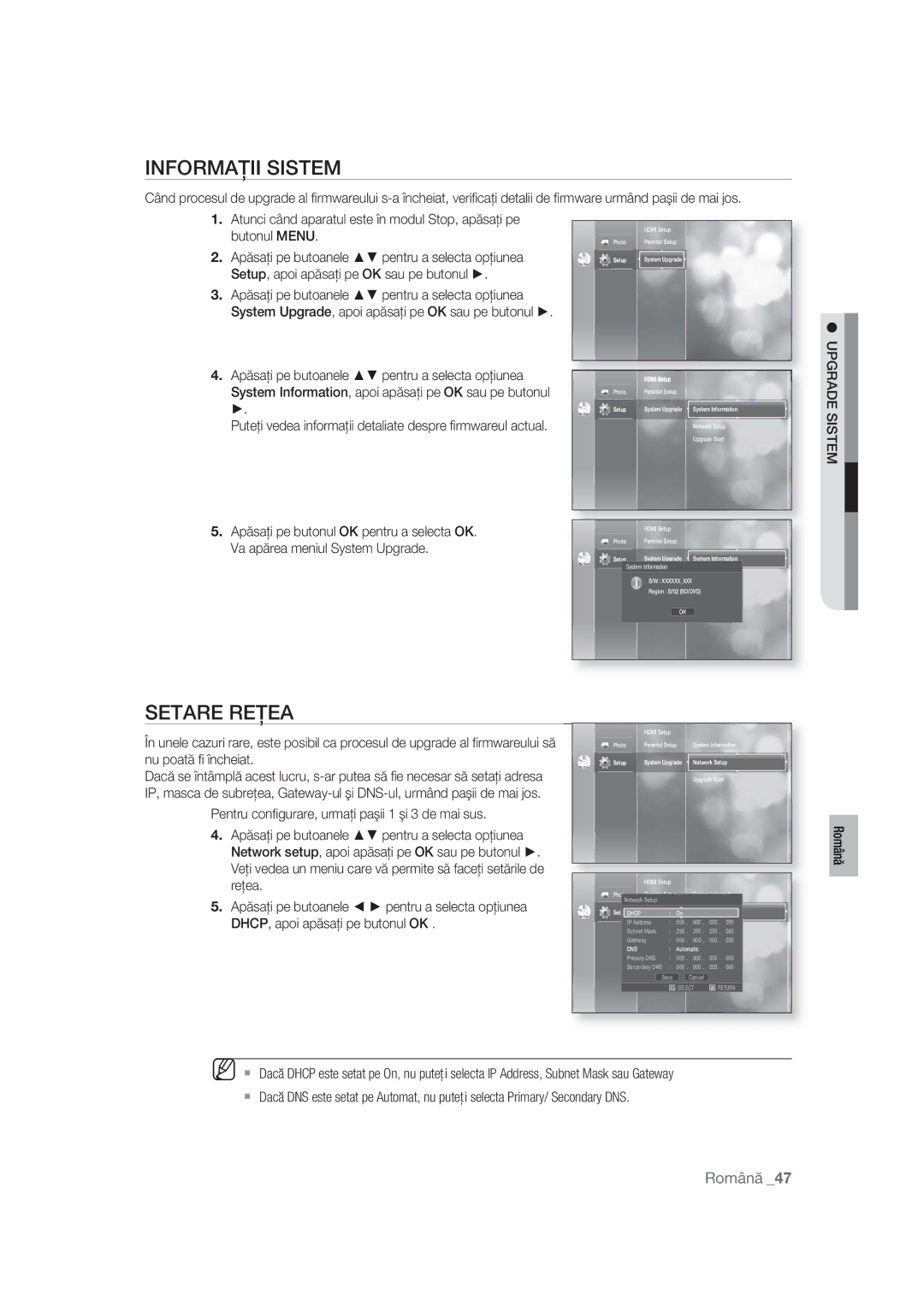 Samsung BD-P1400/XEC, BD-P1400/EUR manual Informaţii Sistem, Setare Reţea, Upgrade Sistem 