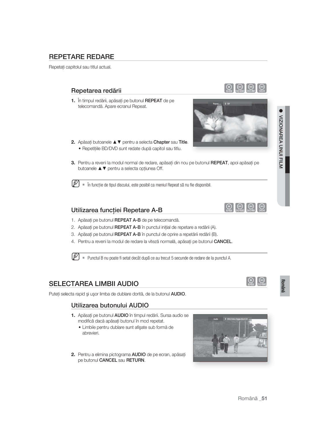 Samsung BD-P1400/XEC manual Repetare Redare, Selectarea Limbii Audio, Repetarea redării, Utilizarea funcţiei Repetare A-B 