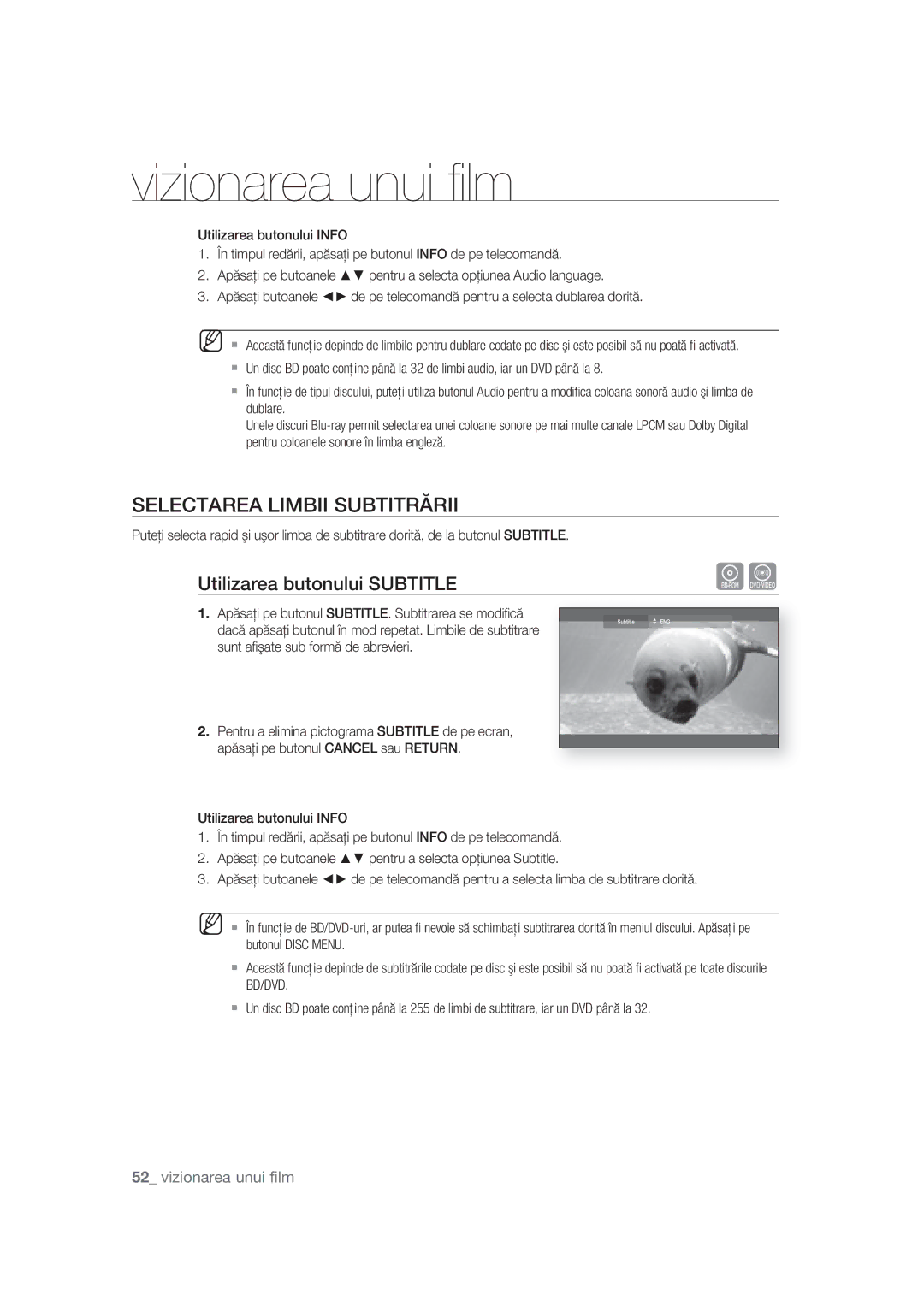 Samsung BD-P1400/EUR, BD-P1400/XEC manual Selectarea Limbii Subtitrării, Utilizarea butonului Subtitle 