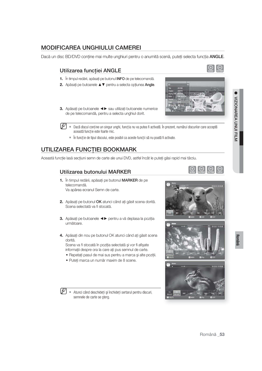 Samsung BD-P1400/XEC, BD-P1400/EUR Modificarea Unghiului Camerei, Utilizarea Funcţiei Bookmark, Utilizarea funcţiei Angle 