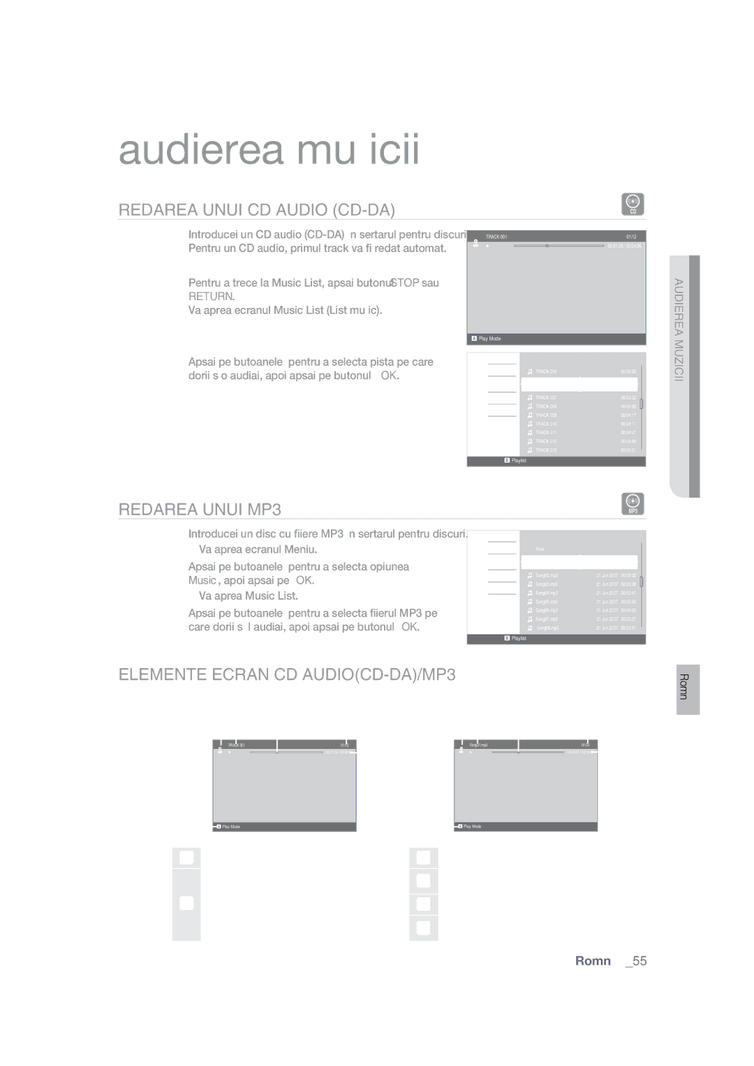 Samsung BD-P1400/XEC Audierea muzicii, Redarea Unui CD Audio CD-DA, Redarea Unui MP3, Elemente Ecran CD AUDIOCD-DA/MP3 