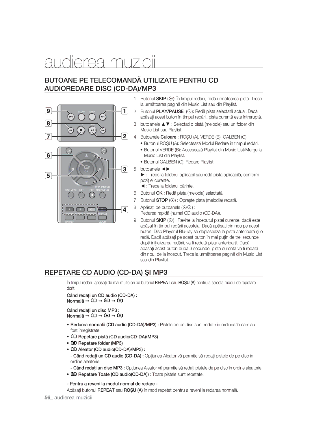 Samsung BD-P1400/EUR, BD-P1400/XEC manual Repetare CD Audio CD-DA ŞI MP3 