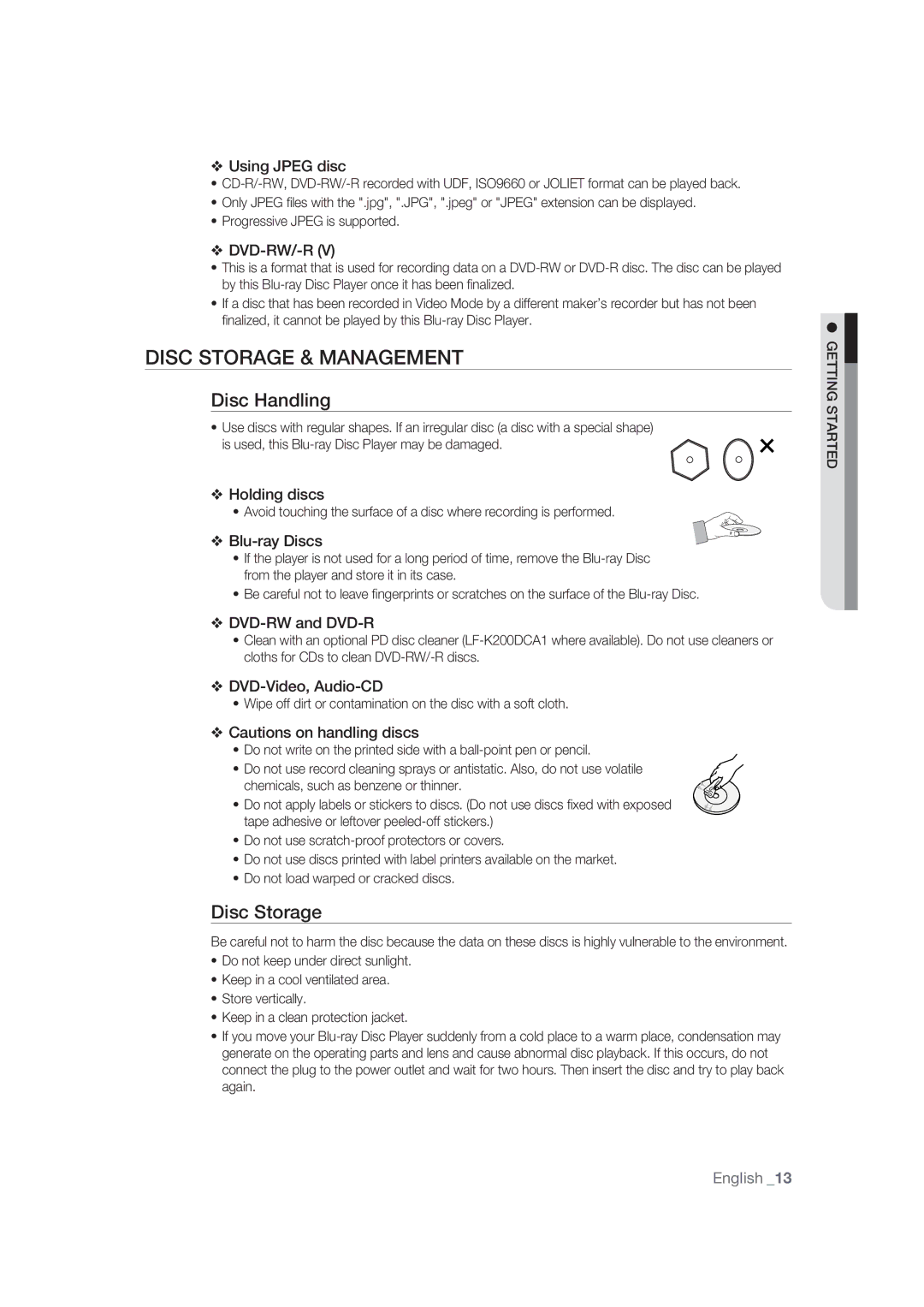 Samsung BD-P1400/EUR, BD-P1400/XEC manual Disc Storage & Management, Disc Handling 