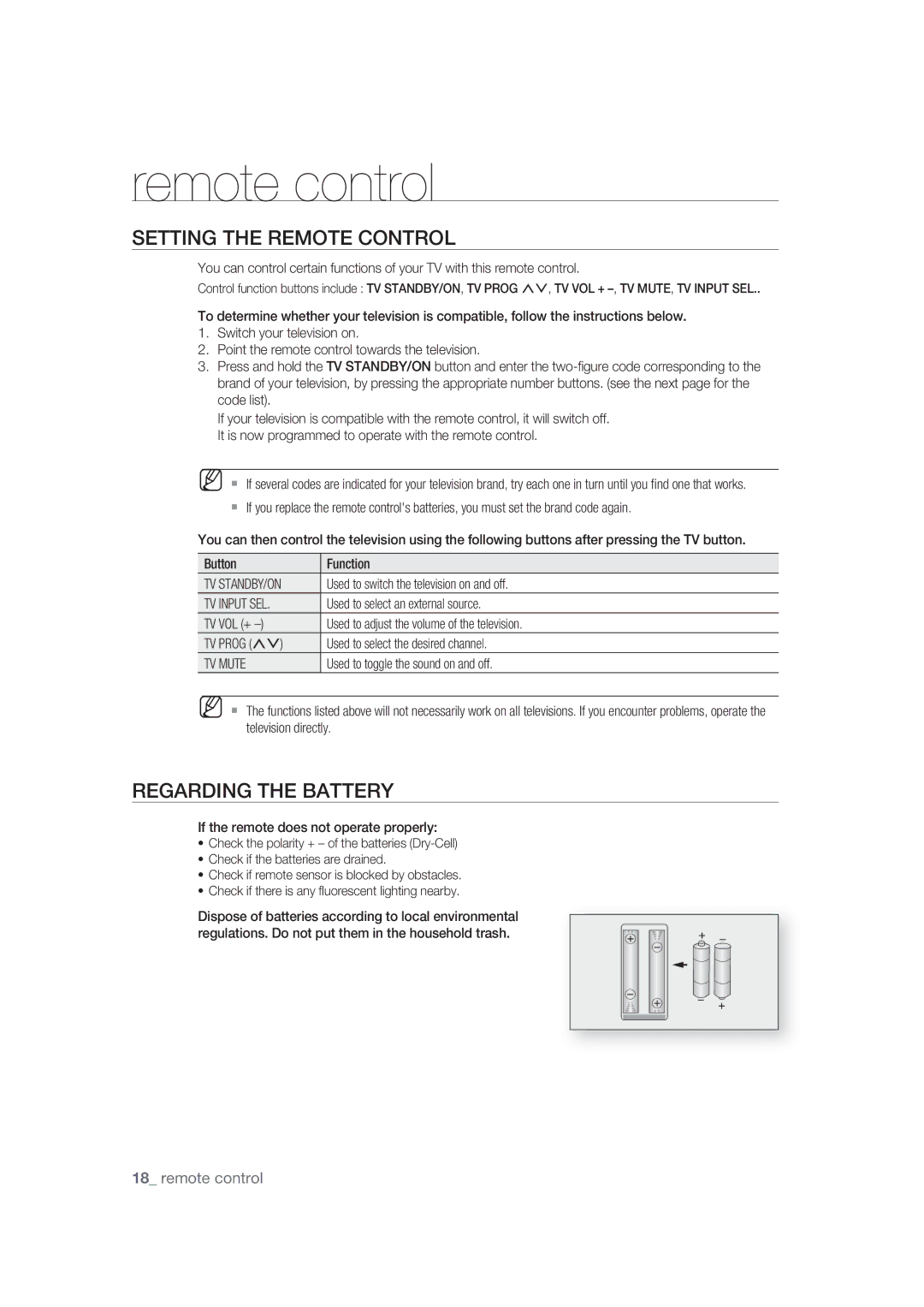 Samsung BD-P1400/XEC, BD-P1400/EUR manual Remote control, Setting the Remote Control, Regarding the Battery 