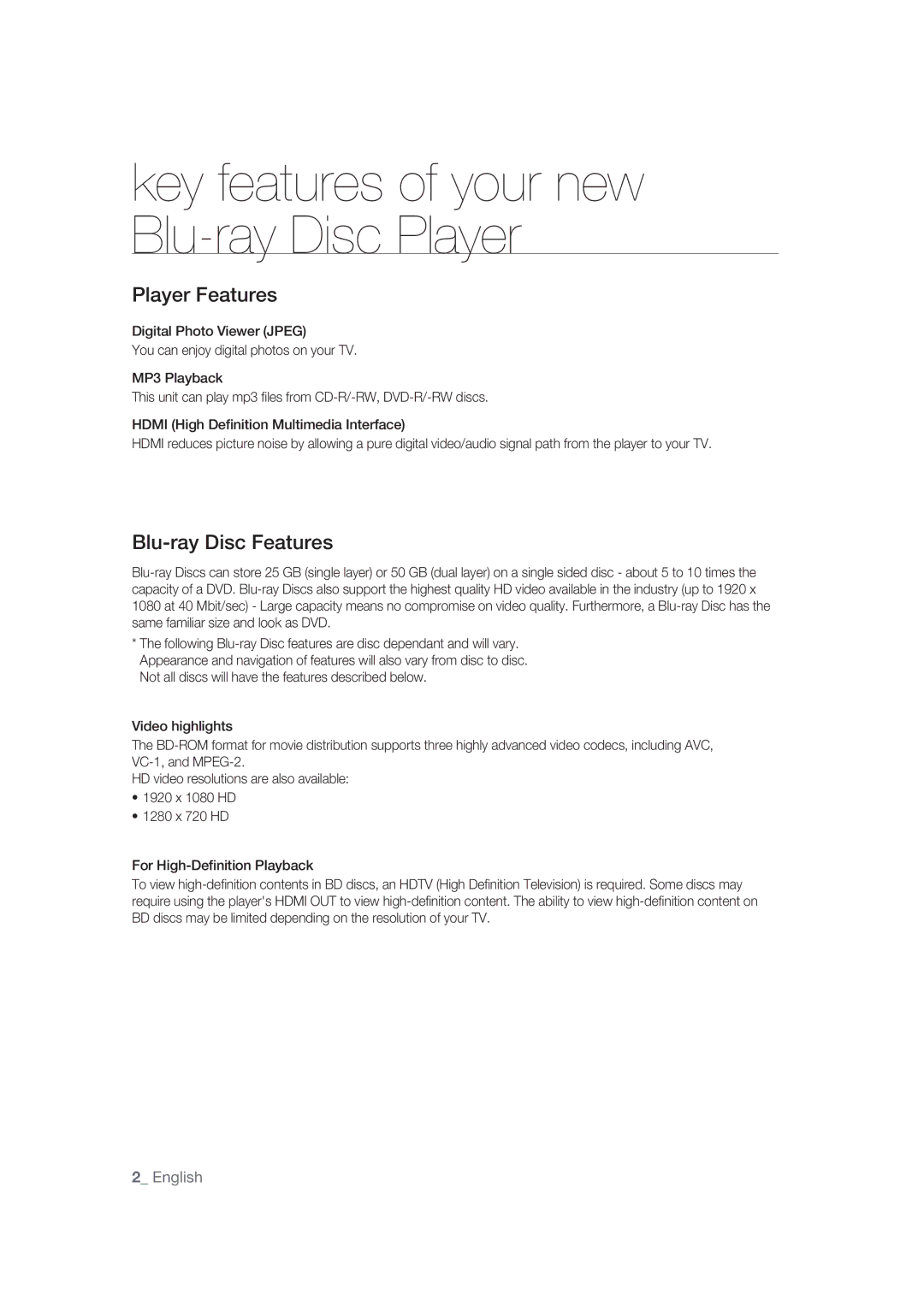 Samsung BD-P1400/XEC, BD-P1400/EUR manual Key features of your new Blu-ray Disc Player 