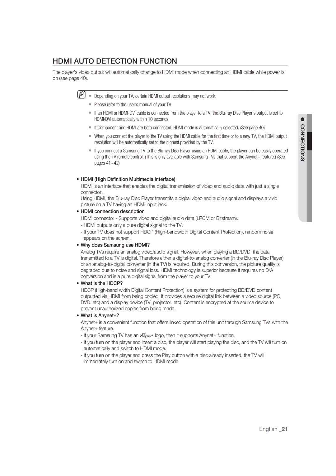 Samsung BD-P1400/EUR, BD-P1400/XEC manual Hdmi Auto Detection Function, Connections 