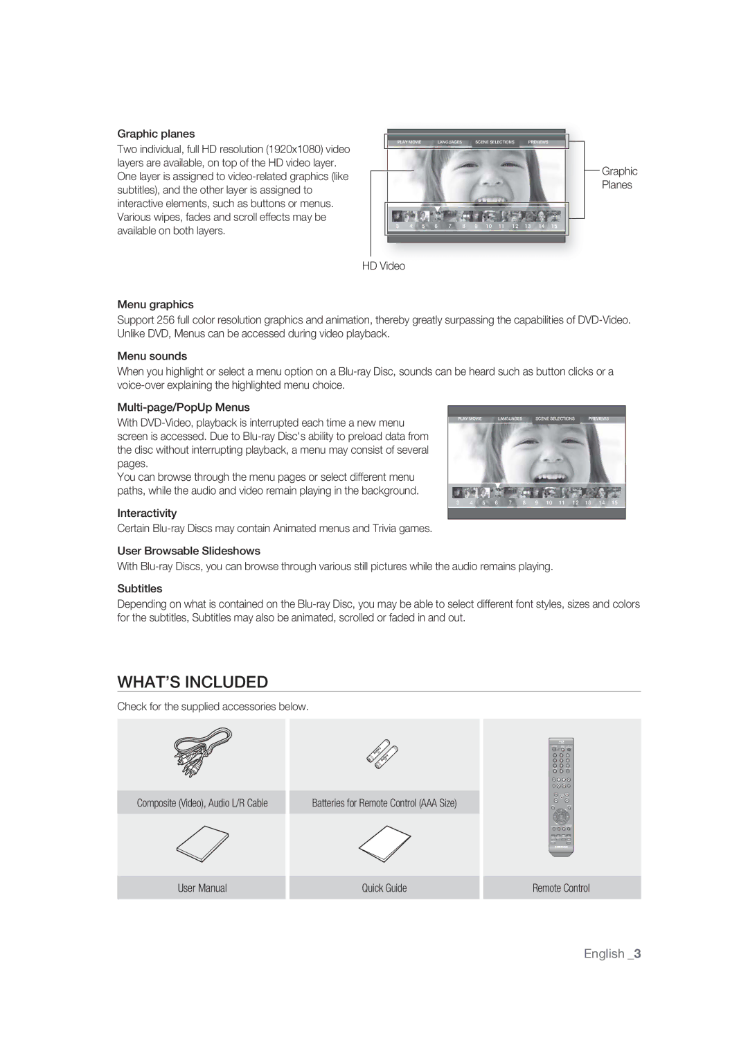 Samsung BD-P1400/EUR manual WHAT’S Included, Graphic planes, Menu graphics, Check for the supplied accessories below 