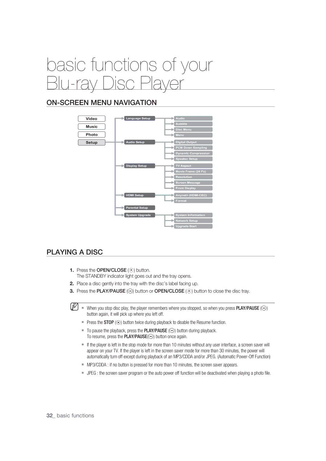 Samsung BD-P1400/XEC, BD-P1400/EUR manual ON-SCREEN Menu Navigation, Playing a Disc 