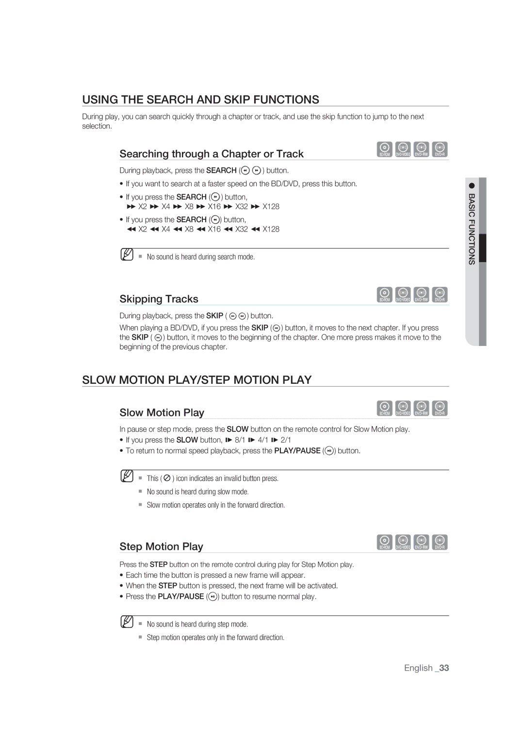 Samsung BD-P1400/EUR, BD-P1400/XEC manual Using the Search and Skip Functions, Slow Motion PLAY/STEP Motion Play 