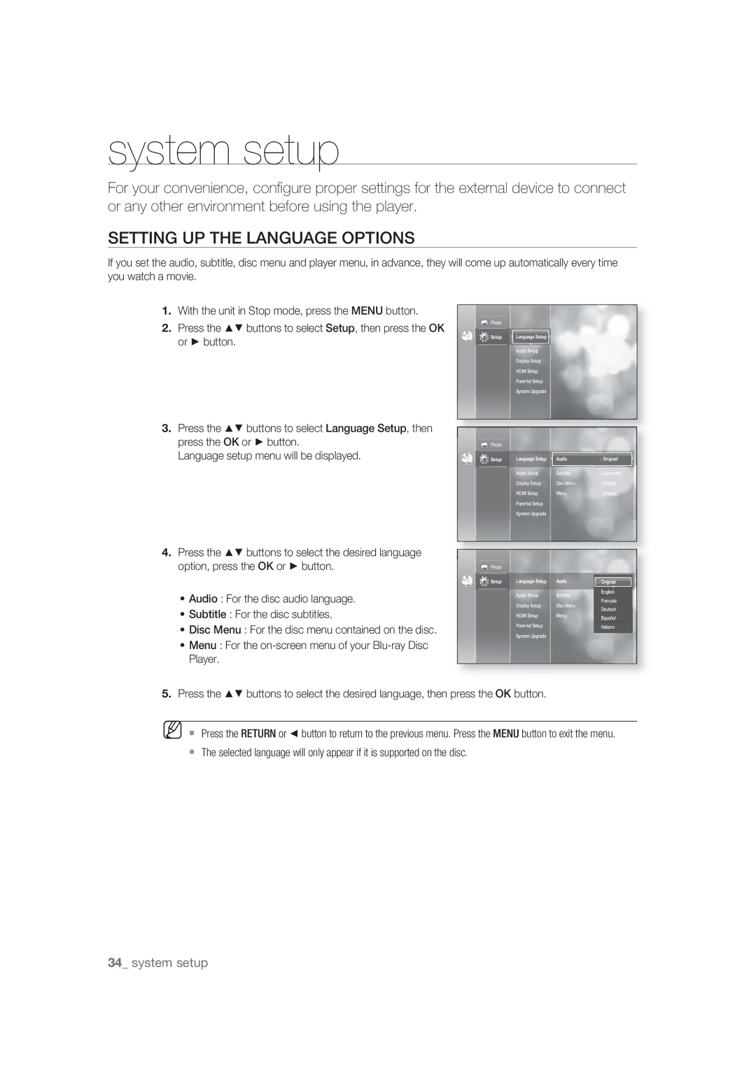 Samsung BD-P1400/XEC, BD-P1400/EUR manual System setup, Setting UP the Language Options 