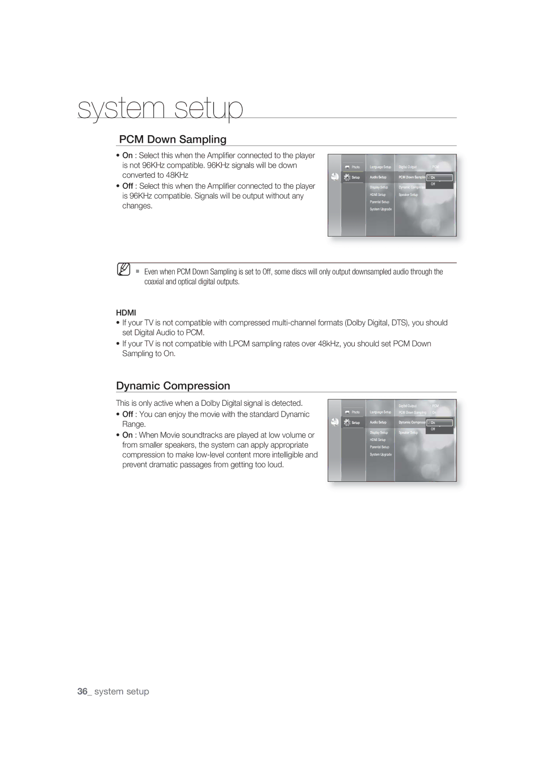 Samsung BD-P1400/XEC, BD-P1400/EUR manual PCM Down Sampling, Dynamic Compression, Hdmi 