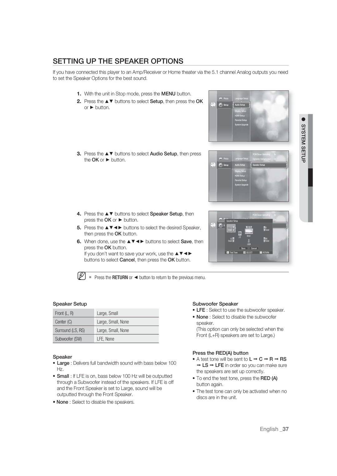 Samsung BD-P1400/EUR, BD-P1400/XEC manual Setting UP the Speaker Options 