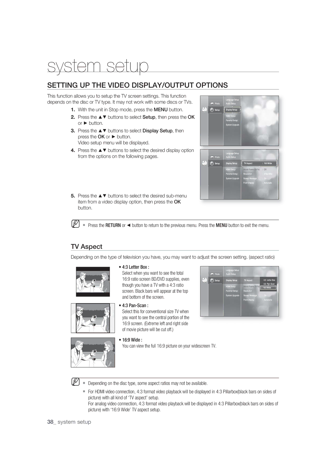 Samsung BD-P1400/XEC, BD-P1400/EUR manual Setting UP the Video DISPLAY/OUTPUT Options, TV Aspect, Pan-Scan 