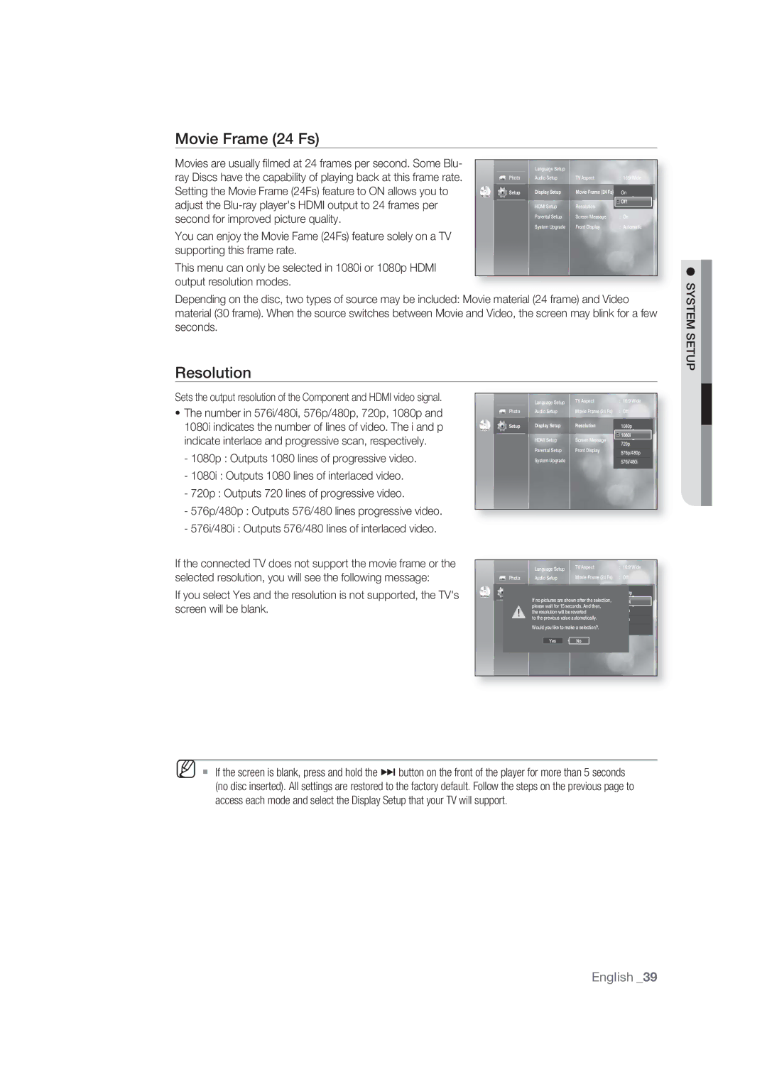 Samsung BD-P1400/EUR, BD-P1400/XEC Movie Frame 24 Fs, Resolution, Adjust the Blu-ray players Hdmi output to 24 frames per 