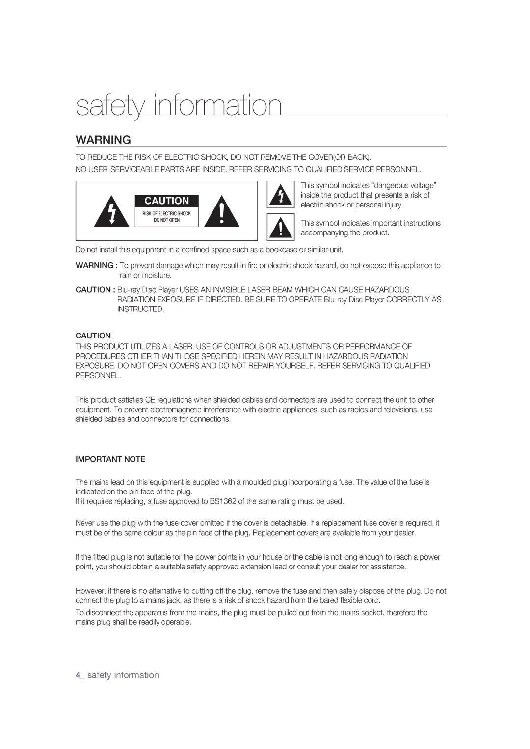 Samsung BD-P1400/XEC, BD-P1400/EUR manual Safety information, Important Note 