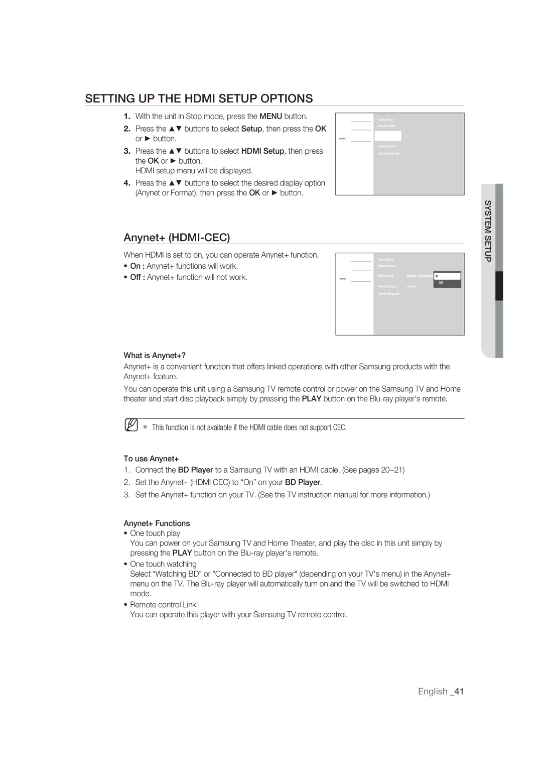 Samsung BD-P1400/EUR Setting UP the Hdmi Setup Options, Anynet+ HDMI-CEC, Or button, Off Anynet+ function will not work 