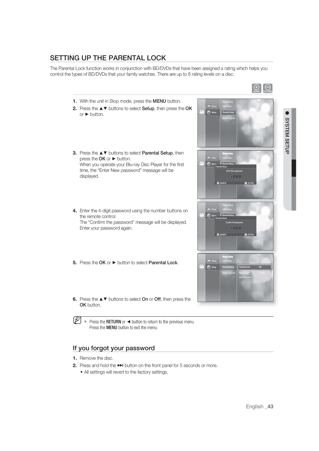 Samsung BD-P1400/EUR, BD-P1400/XEC manual Setting UP the Parental Lock, If you forgot your password 