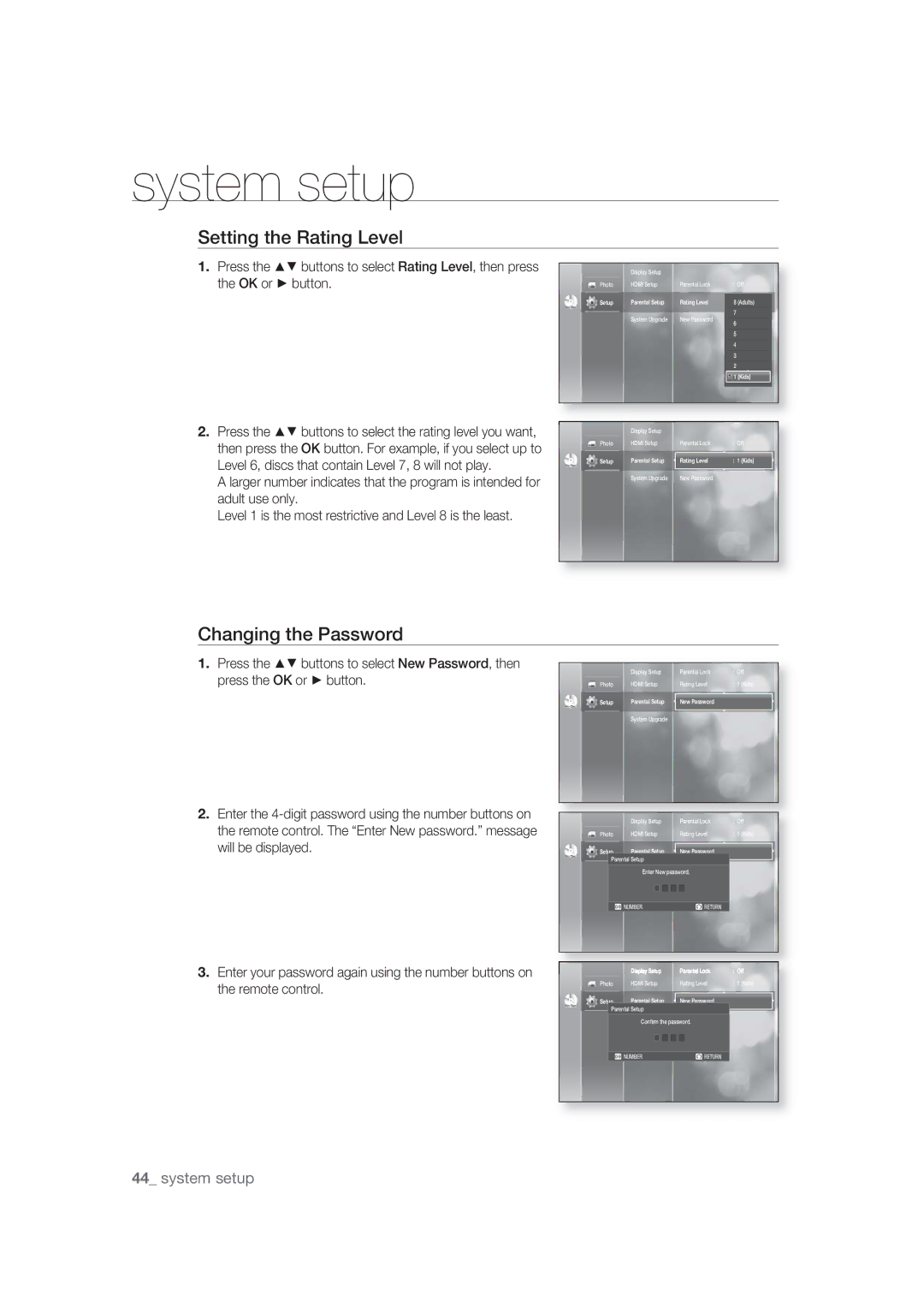 Samsung BD-P1400/XEC, BD-P1400/EUR manual Setting the Rating Level, Changing the Password 