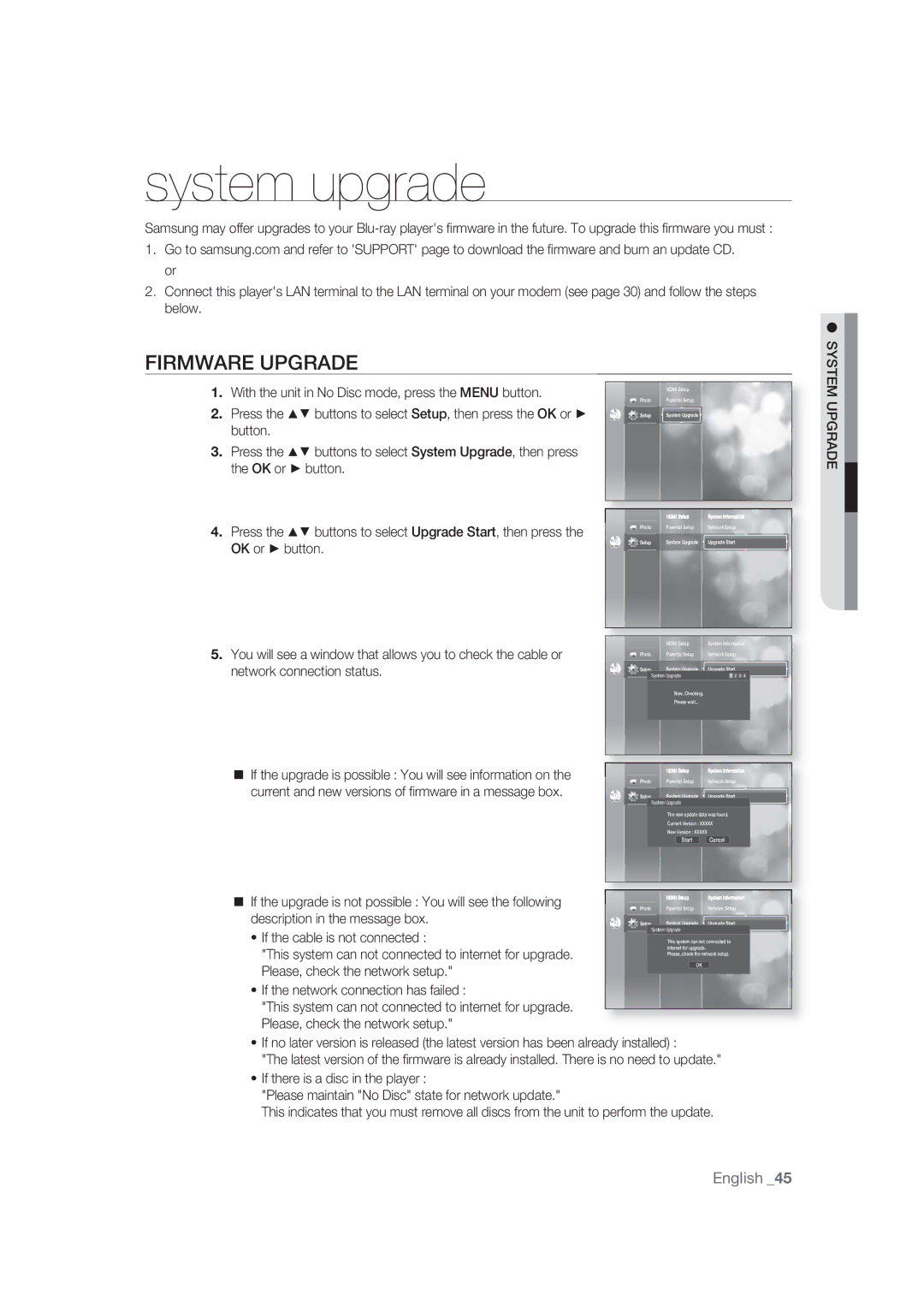 Samsung BD-P1400/EUR, BD-P1400/XEC manual System upgrade, Firmware Upgrade, System Upgrade 