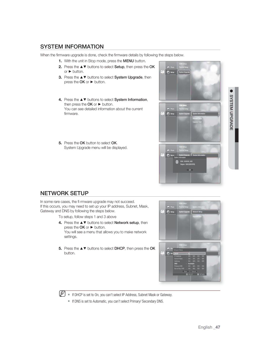 Samsung BD-P1400/EUR manual System Information, Network Setup, Some rare cases, the ﬁ rmware upgrade may not succeed 