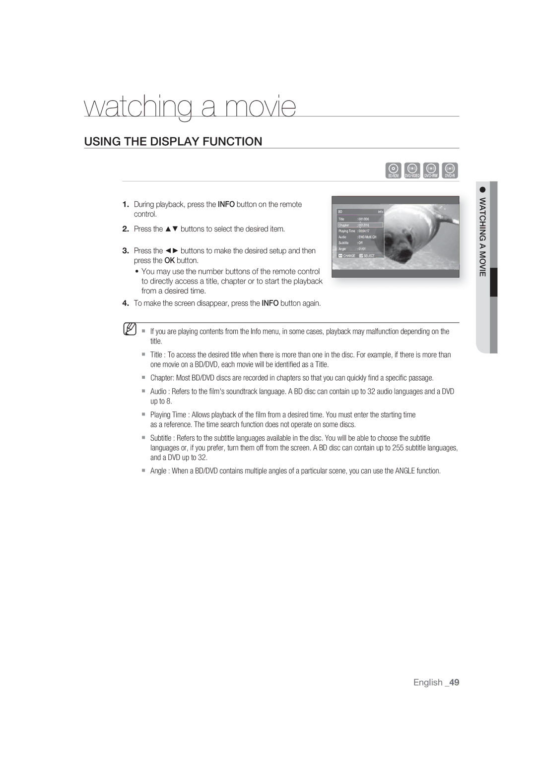 Samsung BD-P1400/EUR manual Watching a movie, Using the Display Function, Press the buttons to select the desired item 