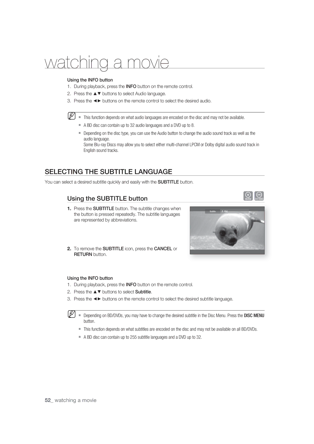 Samsung BD-P1400/XEC, BD-P1400/EUR manual Selecting the Subtitle Language, Using the Subtitle button 