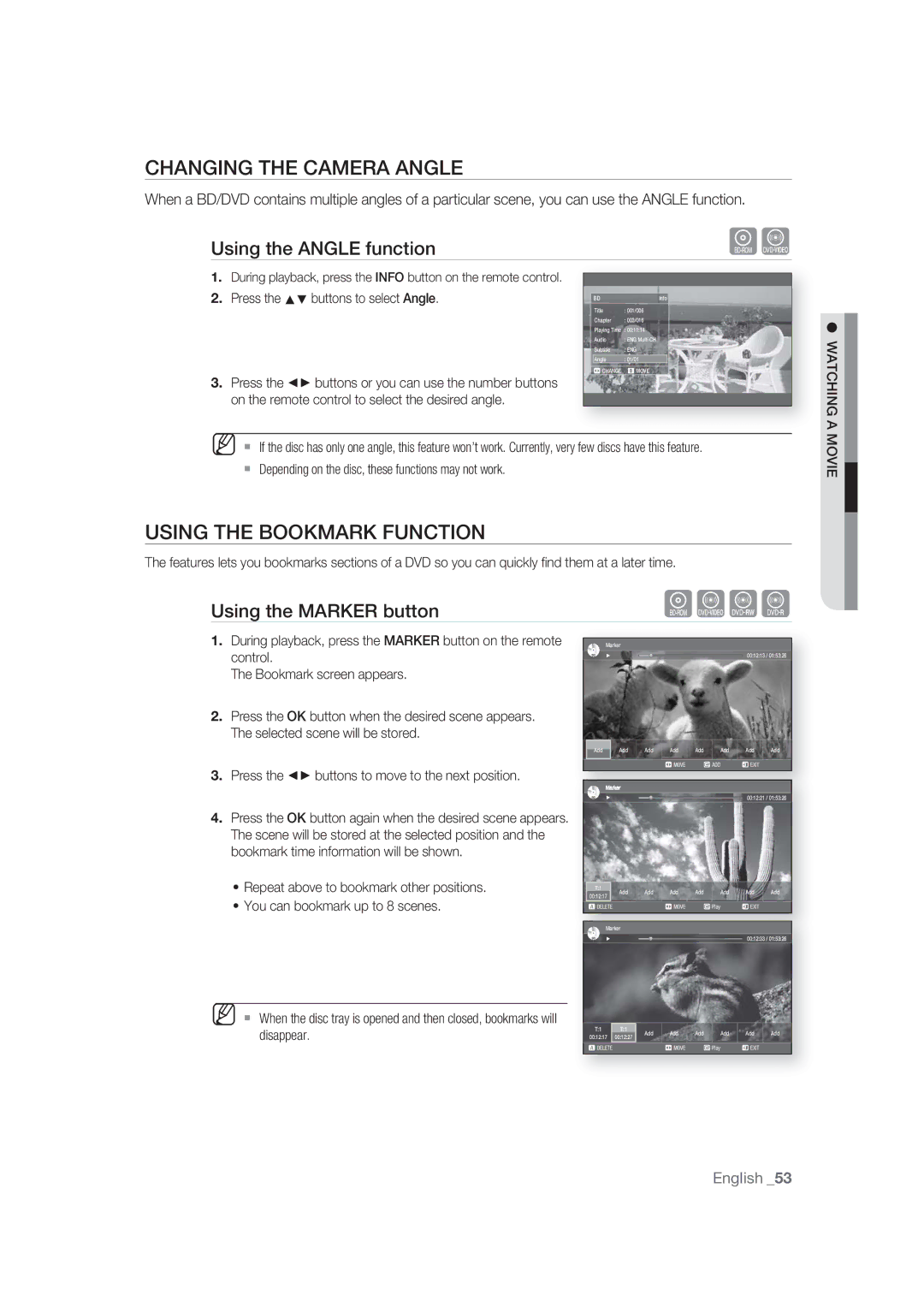 Samsung BD-P1400/EUR, BD-P1400/XEC manual Changing the Camera Angle, Using the Bookmark Function, Using the Angle function 