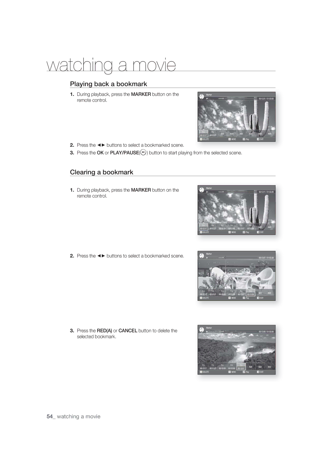 Samsung BD-P1400/XEC manual Playing back a bookmark, Clearing a bookmark, Press the buttons to select a bookmarked scene 