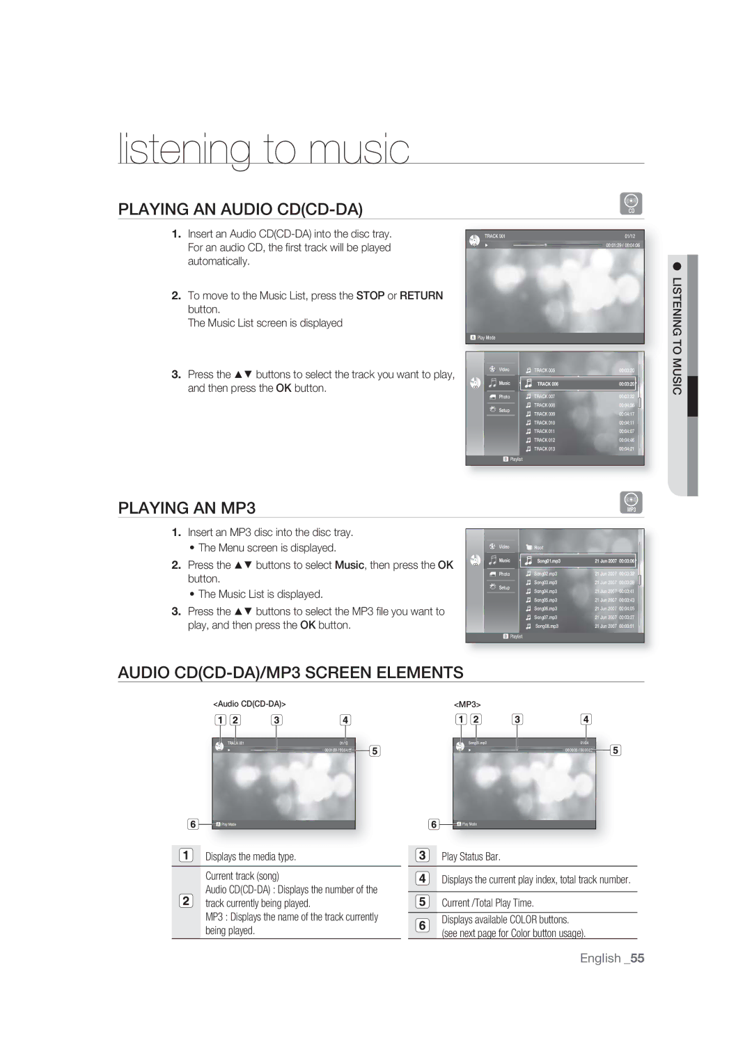 Samsung BD-P1400/EUR manual Listening to music, Playing AN Audio CDCD-DA, Playing AN MP3, Audio CDCD-DA/MP3 Screen Elements 