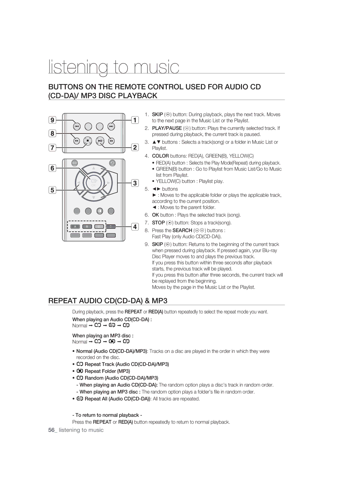 Samsung BD-P1400/XEC, BD-P1400/EUR manual Repeat Audio CDCD-DA & MP3 