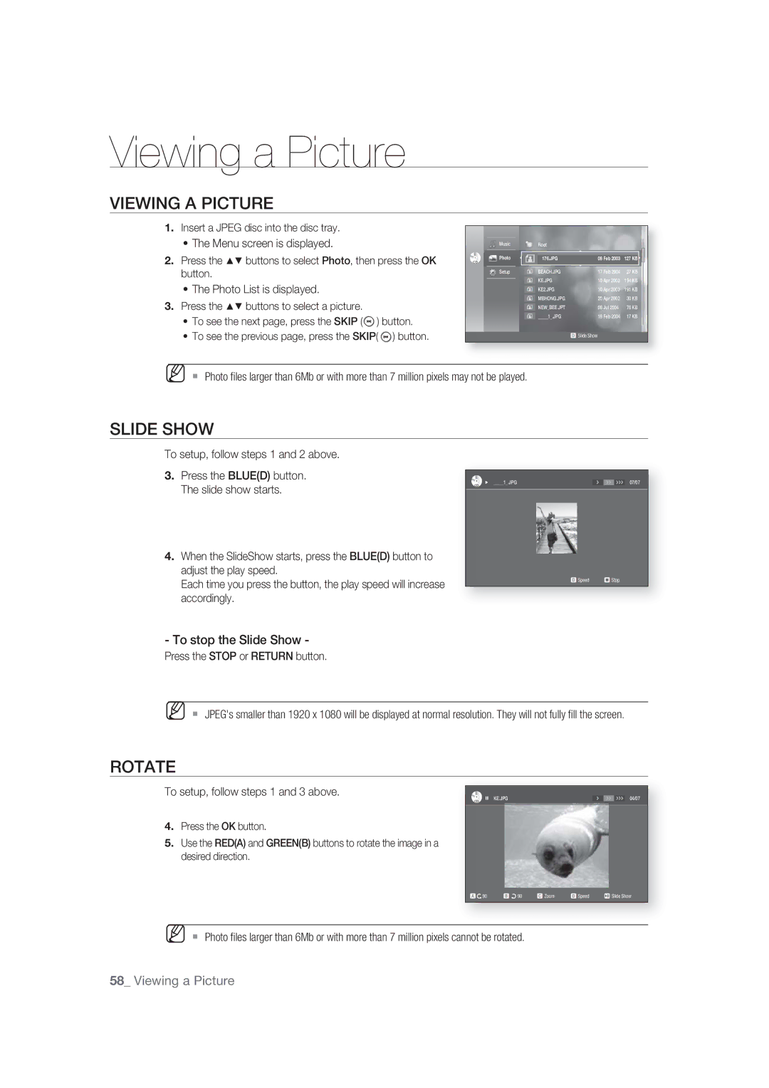 Samsung BD-P1400/XEC, BD-P1400/EUR manual Viewing a Picture, Rotate, To stop the Slide Show 