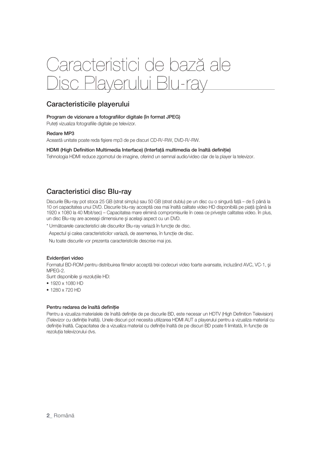 Samsung BD-P1400/EUR, BD-P1400/XEC manual Caracteristici de bază ale Disc Playerului Blu-ray 