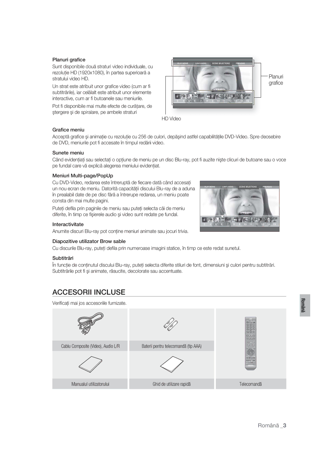 Samsung BD-P1400/XEC Accesorii Incluse, Graﬁce meniu, Consta din mai multe pagini, Veriﬁcaţi mai jos accesoriile furnizate 