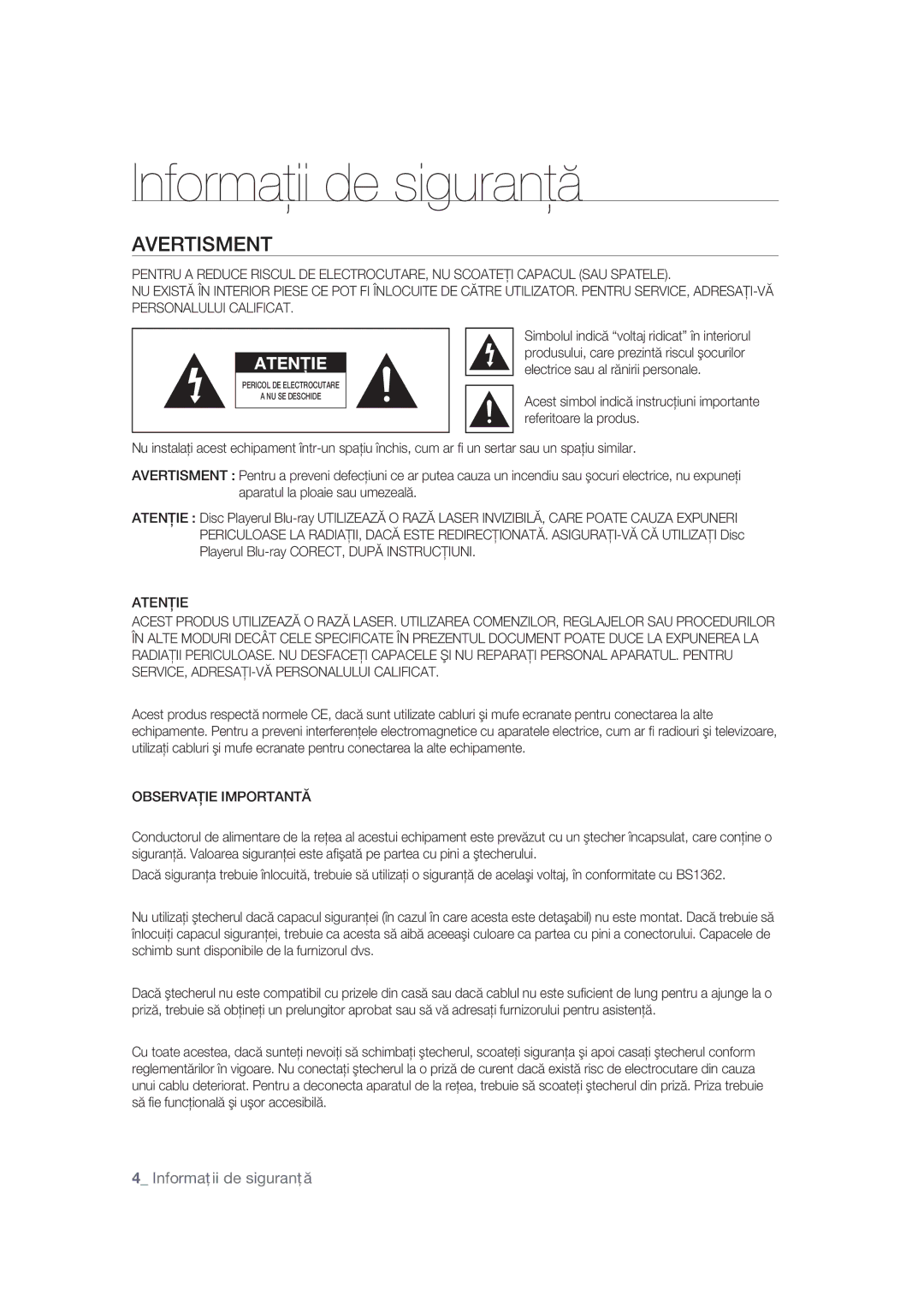 Samsung BD-P1400/EUR, BD-P1400/XEC manual Informaţii de siguranţă, Avertisment, Observaţie Importantă 