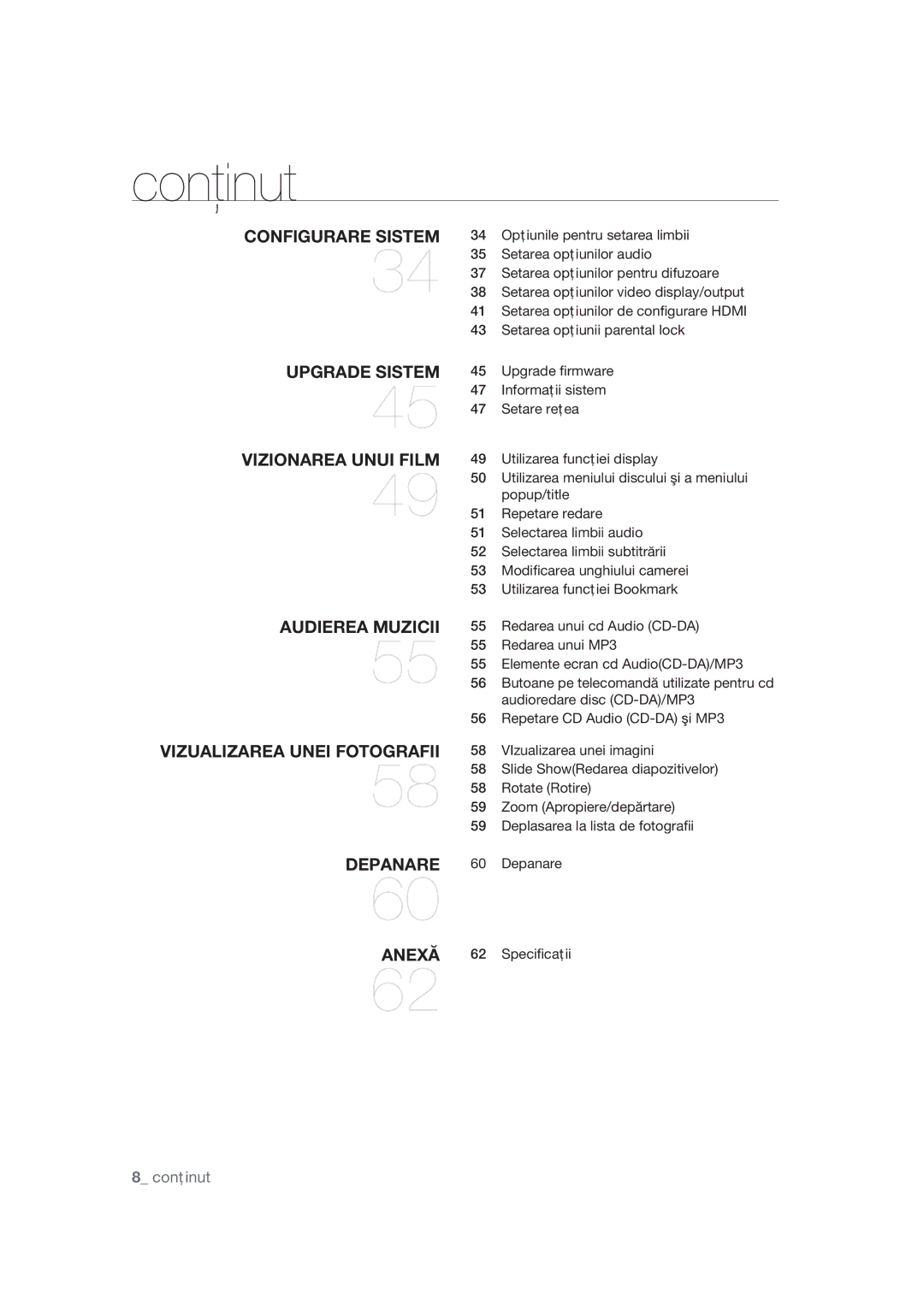 Samsung BD-P1400/EUR manual Opţiunile pentru setarea limbii, Setarea opţiunilor audio, Setarea opţiunilor pentru difuzoare 