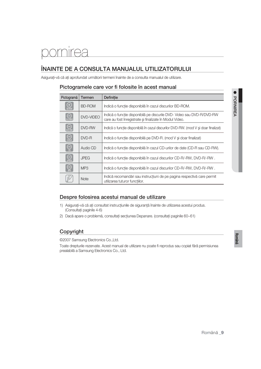 Samsung BD-P1400/XEC Pornirea, Înainte DE a Consulta Manualul Utilizatorului, Despre folosirea acestui manual de utilizare 