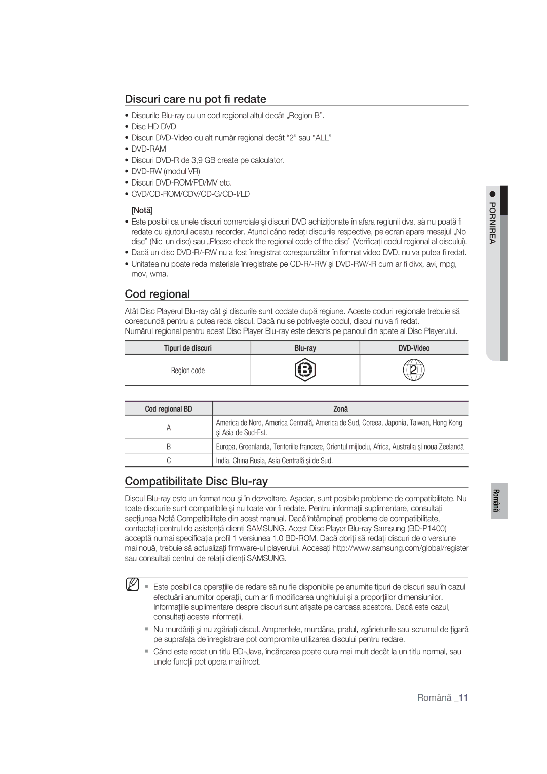 Samsung BD-P1400/XEC, BD-P1400/EUR manual Discuri care nu pot ﬁ redate, Cod regional, Compatibilitate Disc Blu-ray 