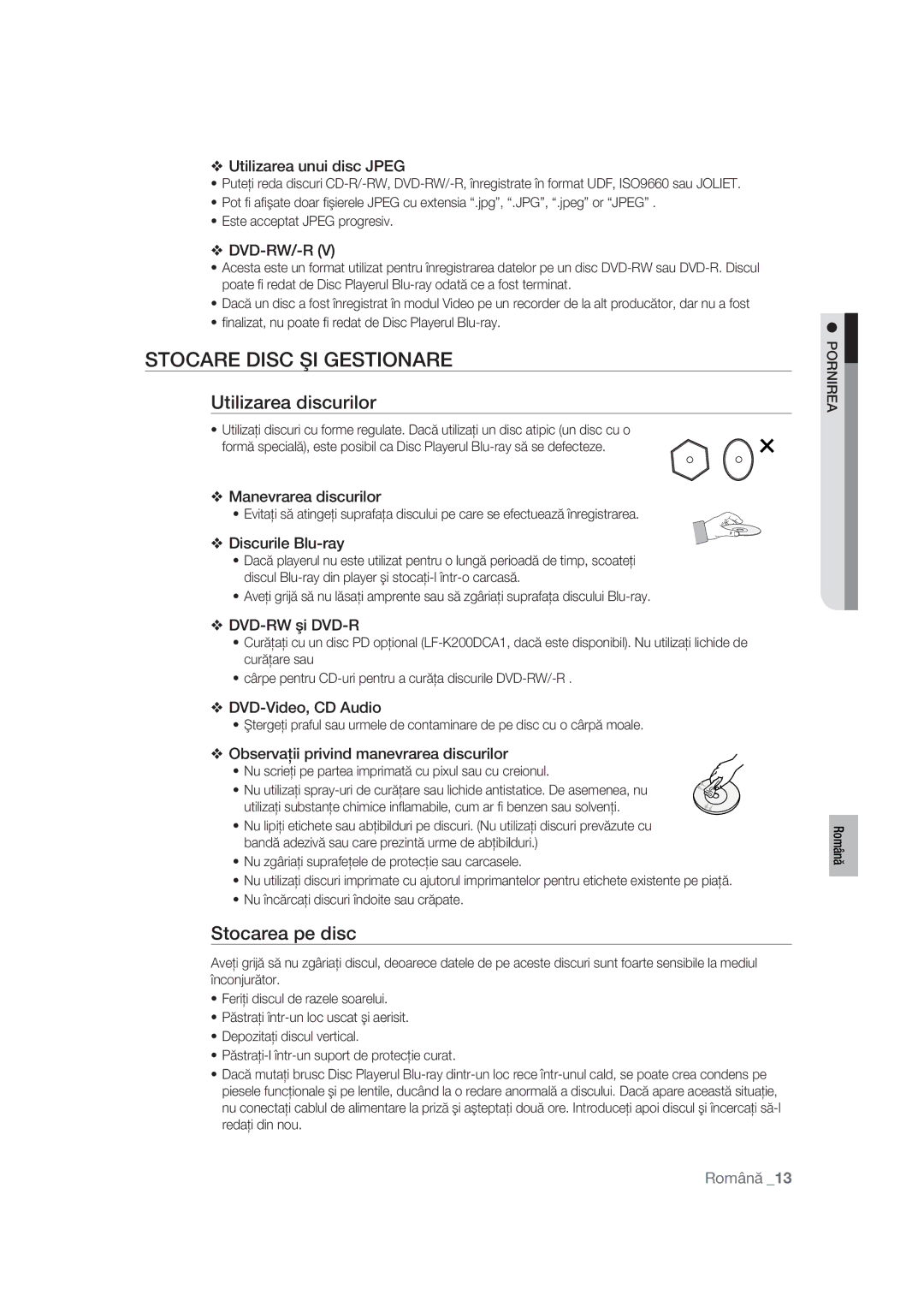 Samsung BD-P1400/XEC, BD-P1400/EUR manual Stocare Disc ŞI Gestionare, Utilizarea discurilor, Stocarea pe disc 