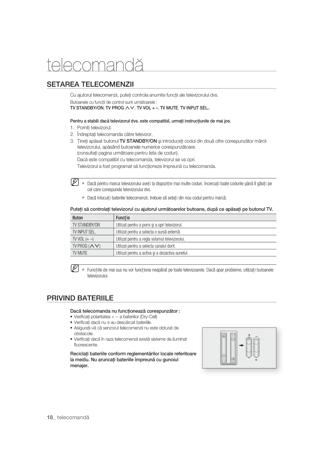 Samsung BD-P1400/EUR, BD-P1400/XEC manual Setarea Telecomenzii, Privind Bateriile 